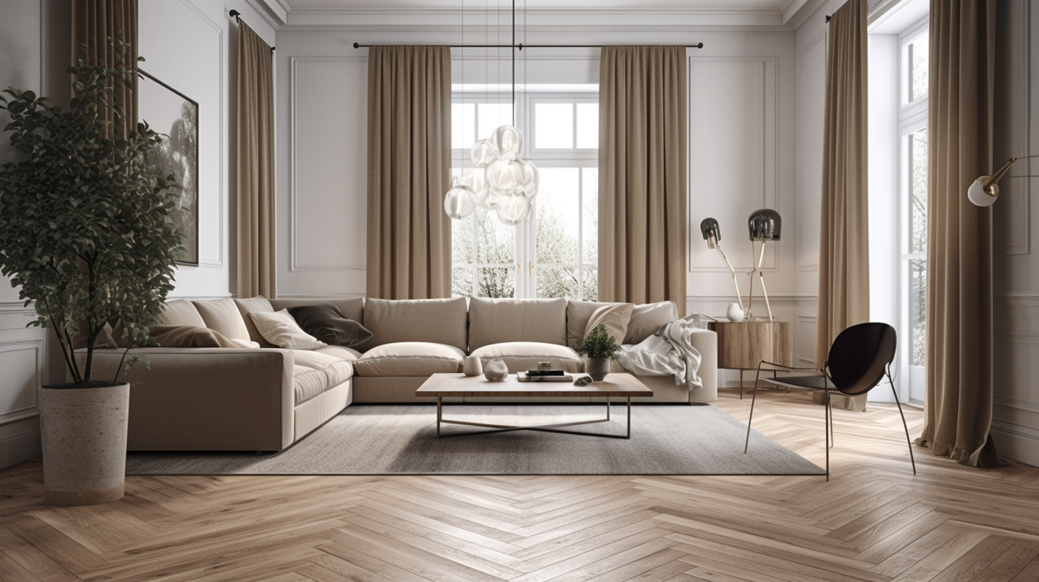 A image of a a cozy living room that has an L shape white sofa and a center table place upon a grey carpet 