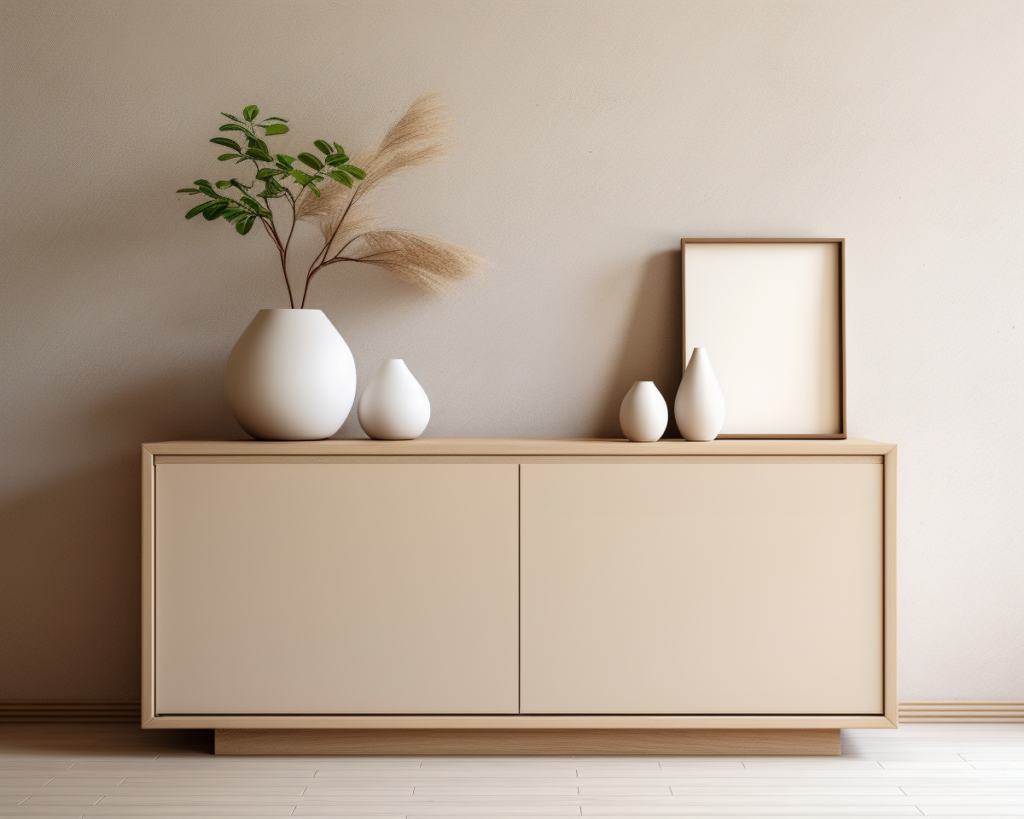 a well decorated hallway wooden cabinet with plant pots and decoration on it