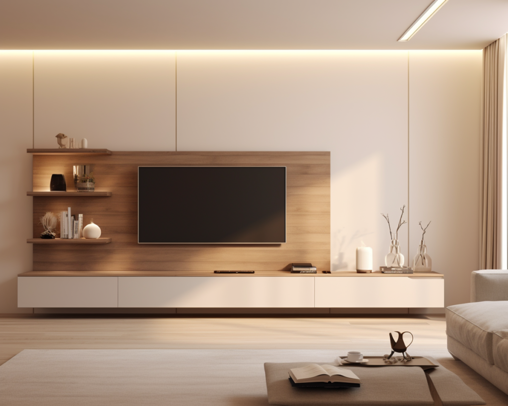 A well decorated tv unit with shelves in a living room